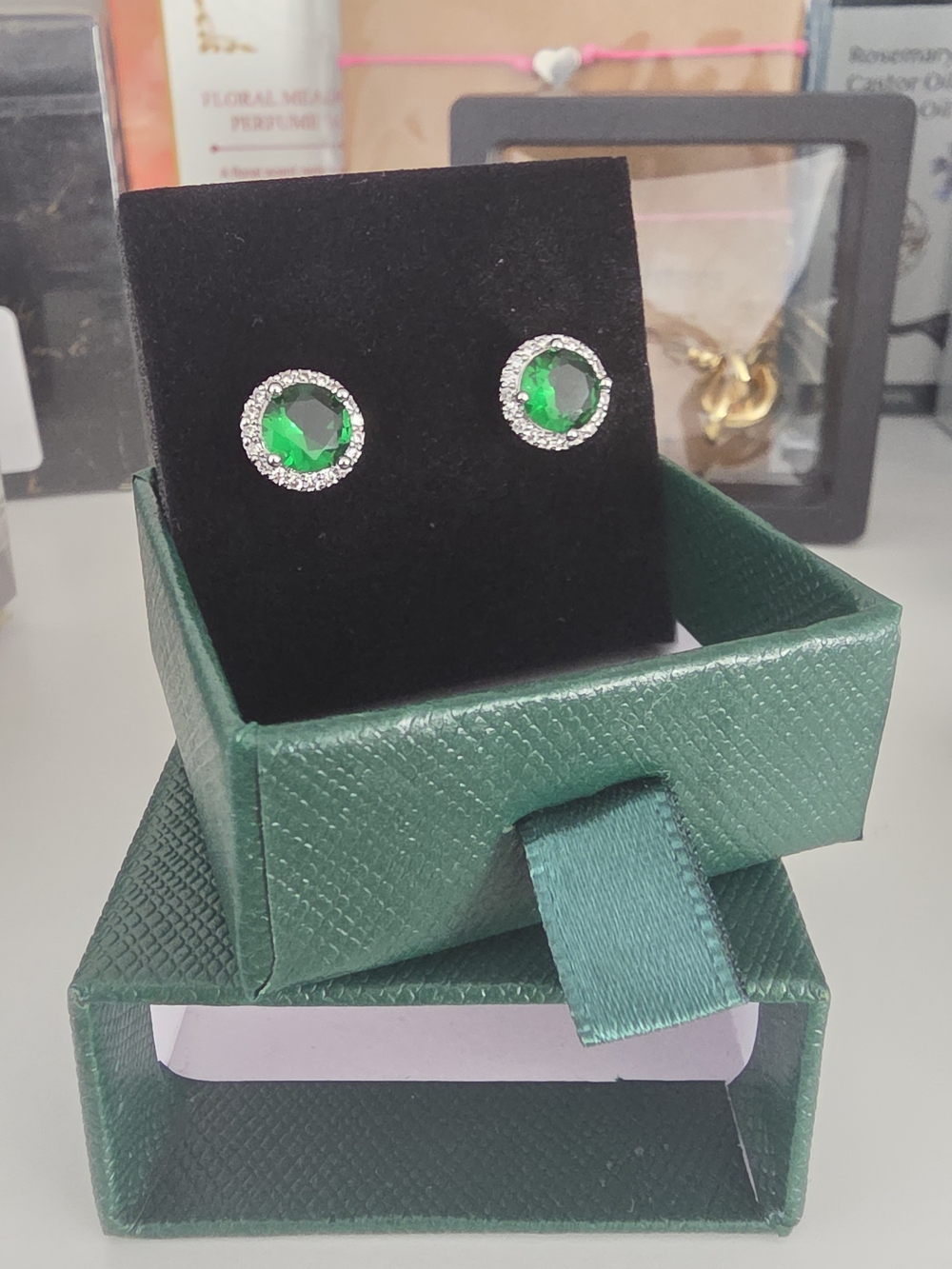 Emerald Crystal Halo Stud Earrings for Women